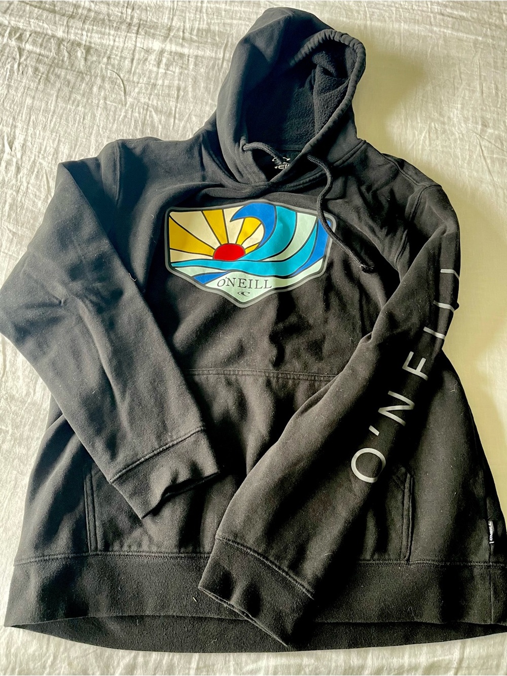 O'Neill Black Hoodie with Sunburst Crest in Yellow, Red & Blue